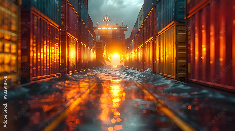 Fototapeta premium Golden Sunset Over Container Ship Illustration