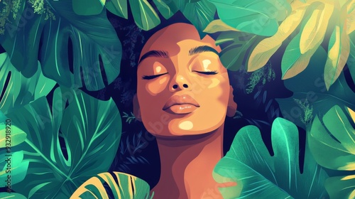 A woman with closed eyes lies surrounded by lush green leaves, bathed in warm sunlight, evoking a sense of tranquility and peace.