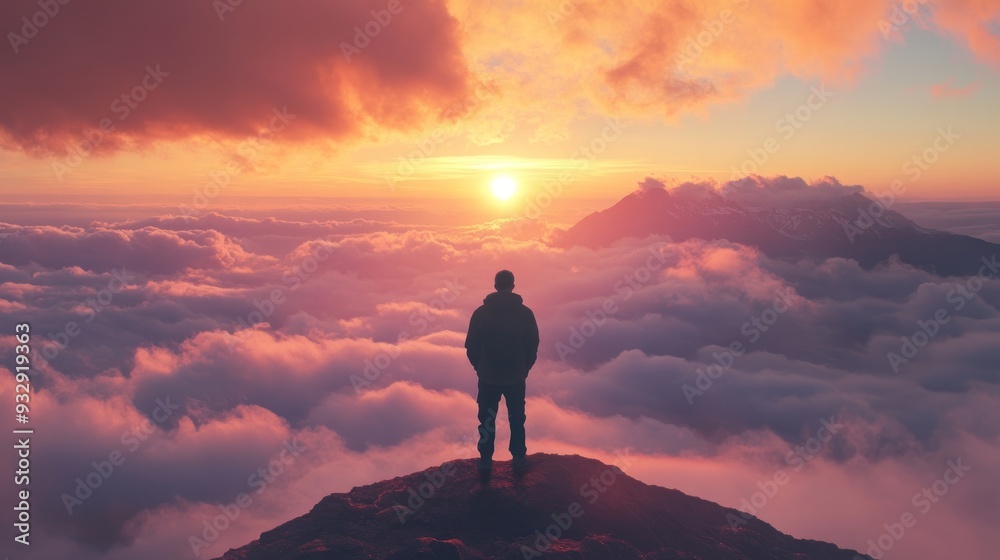 Fototapeta premium Man on Mountaintop at Sunset