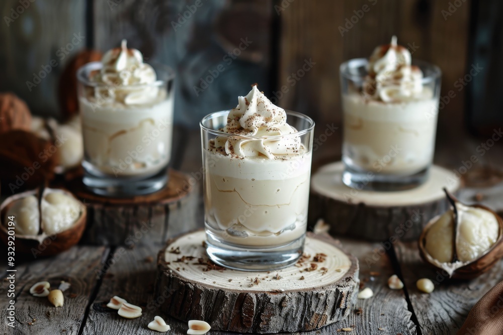 Three chestnut no bake desserts with whipped cream on rustic wooden table Three chestnut no bake desserts with whipped cream on rustic wooden table