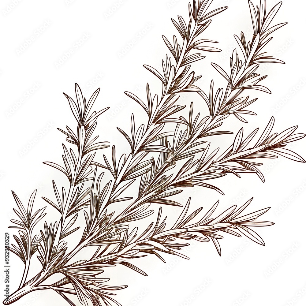 Obraz premium Highly detailed monochromatic botanical illustration showcasing a realistic and intricate depiction of a rosemary sprig, emphasizing texture and form in a botanical drawing style.