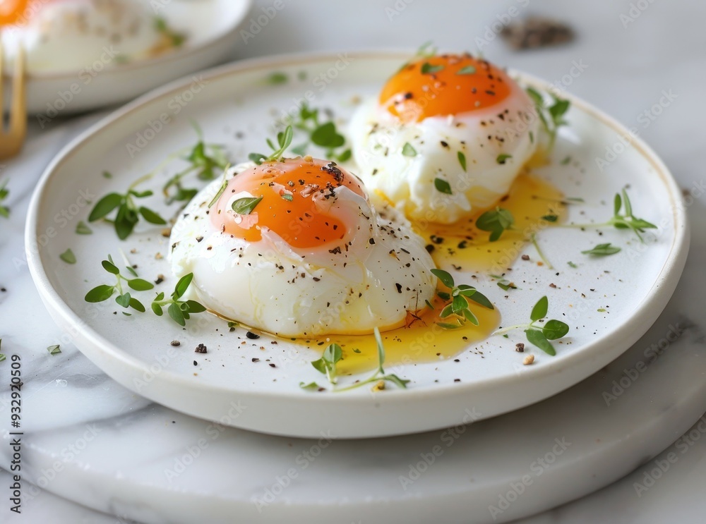 Three poached eggs on white plate with golden forks on marble board Three poached eggs on white plate with golden forks on marble board