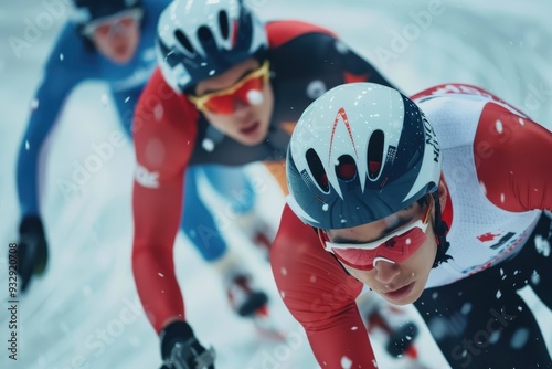 Three young men in sports uniform and skates moving forward on ice rink in short track speed skating competition with high angle view photo