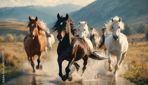 Beautiful horses galloping together amazing horizontal view