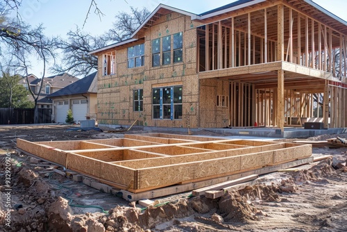 Timber frame house in Irving Texas on shallow foundation with raft structural engineering for transferring building loads to surface photo