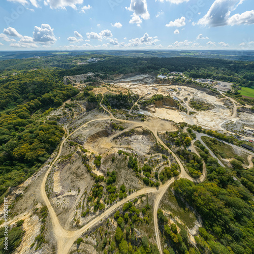 Die Kalksteinbrüche bei Sollnhofen im Naturpark Altmühltal im Luftbild, Blick zum Offroadpark photo