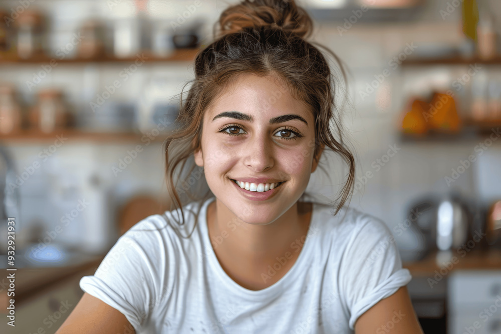 Young Woman Smiling In Cozy Kitchen Brown Hair Bun White T Shirt Happy Relaxed Young Woman Smiling In Cozy Kitchen Brown Hair Bun White T Shirt Happy Relaxed