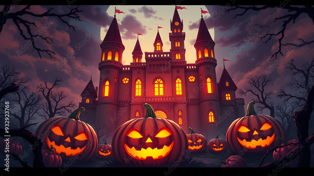 A haunted castle with spooky pumpkins in the foreground against a large, glowing orange full moon in a dark, cloudy sky A haunted castle with spooky pumpkins in the foreground against a large, glowing orange full moon in a dark, cloudy sky