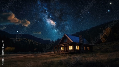 Cabin under starry sky with Milky Way.