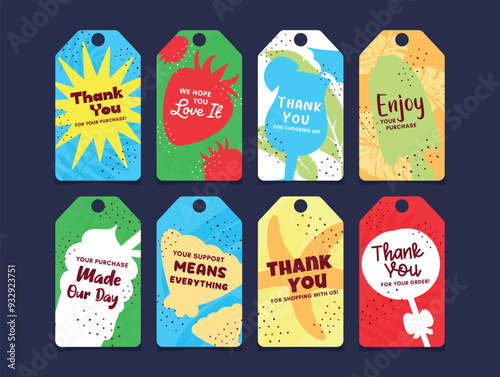 Colorful thank you tags for various purchases featuring playful designs and cheerful messages