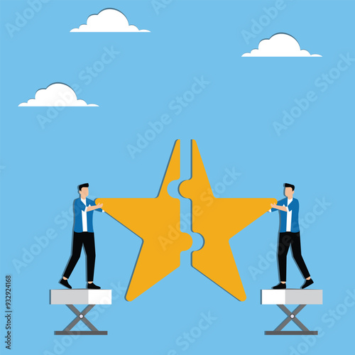 Men put together star like puzzle