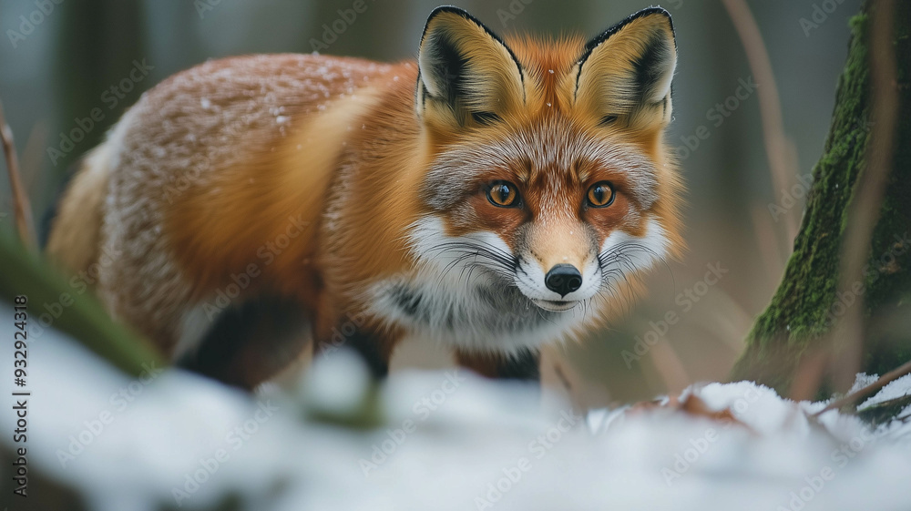 Obraz premium vibrant red fox prowling through a snowy forest,