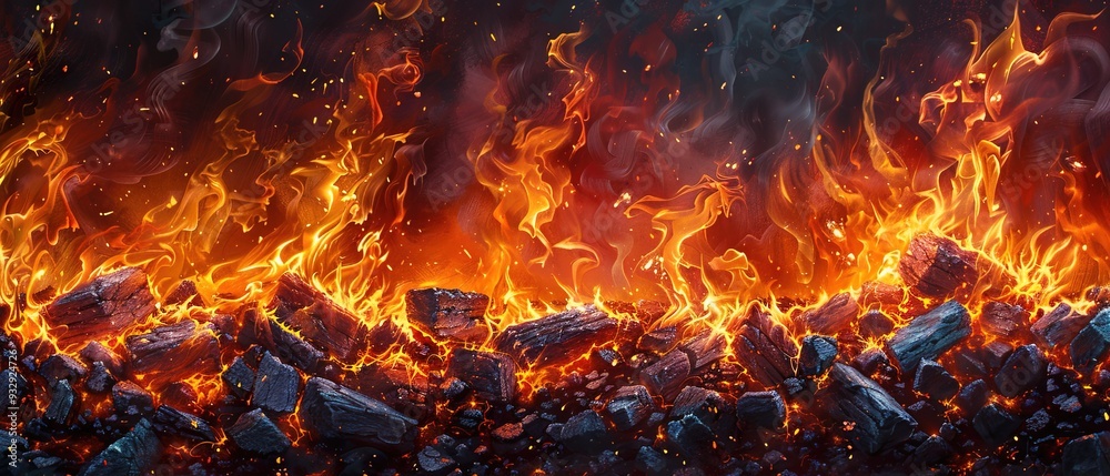 Intense flames engulfing charcoals in a fiery display Intense flames engulfing charcoals in a fiery display