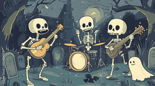 A cartoon skeleton band joyfully playing music on Halloween night.
