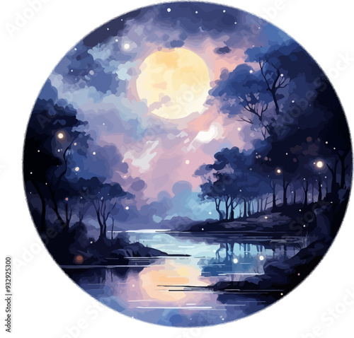 Moon Shine Landscape At Night Watercolor Vector Illustration.