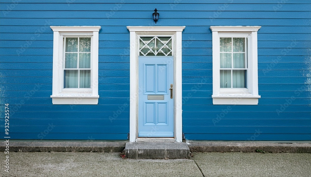 blue door with a white trim sits in front of a blue building blue door with a white trim sits in front of a blue building
