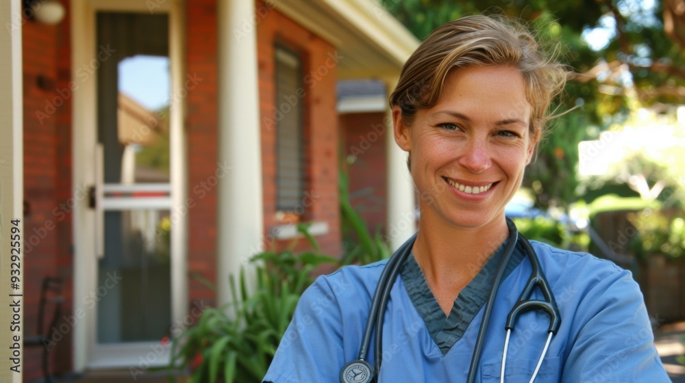Cheerful female doctor in blue uniform with stethoscope around her neck. AI.