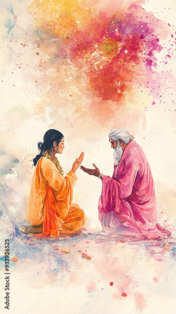 Fototapeta premium Abstract Watercolor Illustration: Spiritual Master Blessing Disciple in Serene Cultural Setting. AI-Generated Artistic Design Depicting Guru-Disciple Relationship, Indian Traditions, and Spiritual Wis