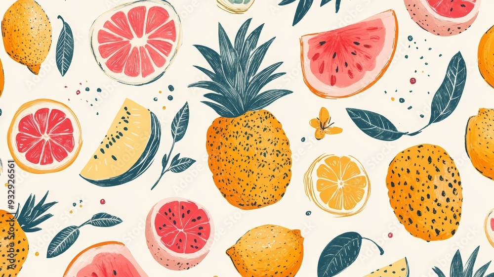 Bright and colorful pattern featuring various fruits such as pineapple, watermelon, lemon, and grapefruit, surrounded by green leaves on a light background