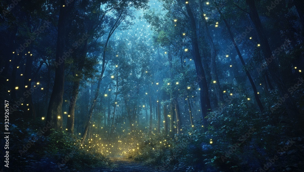 Mystical forest path lit by fireflies. Mystical forest path lit by fireflies.
