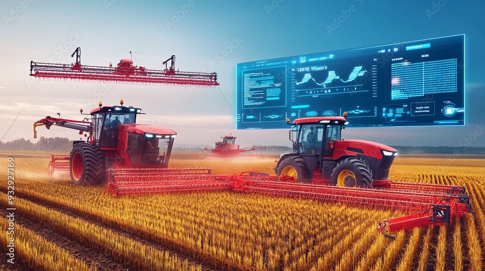 Obraz premium An illustration of a precision farming system with automated crop harvesting. The machinery moves through the field, collecting crops with exact precision. Digital displays show data on crop yield,