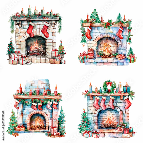 Watercolor set of Christmas fireplaces. Home fires with socks, Christmas trees, gifts, candles and other festive decorations. Warm cozy fireplaces with winter festive decor. Happy Christmas. photo
