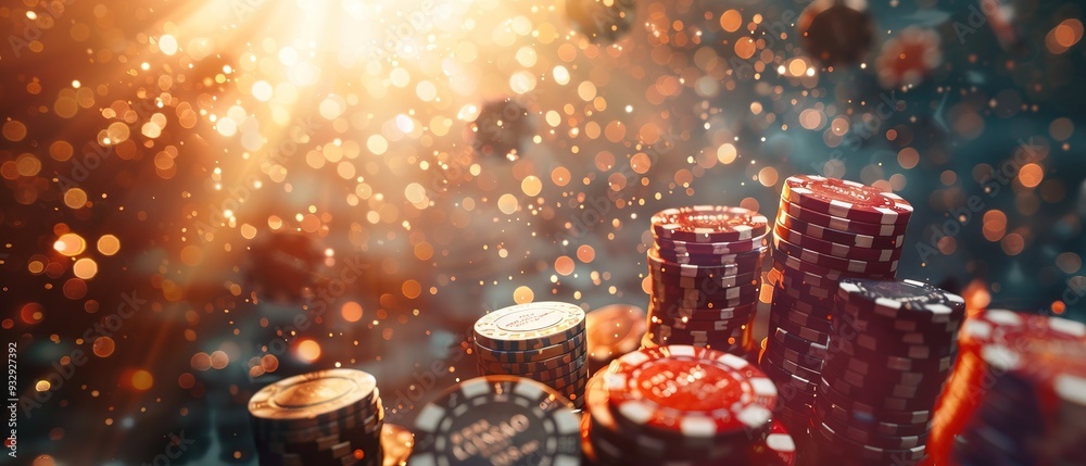 gambling chips in the casino fly and fall on the table with money in the rays of light gambling chips in the casino fly and fall on the table with money in the rays of light