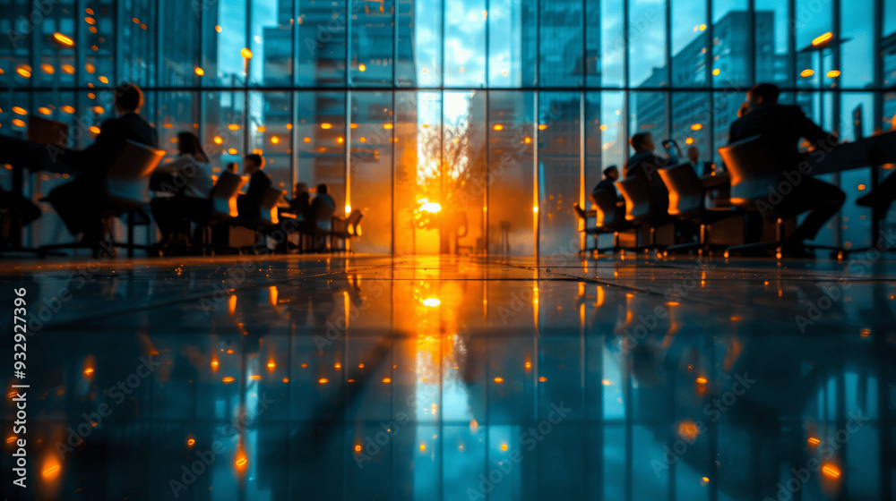 Modern Office Space With People Working During Sunset Large Glass Windows Urban Skyline Reflection Warm Orange Glow Modern Office Space With People Working During Sunset Large Glass Windows Urban Skyline Reflection Warm Orange Glow