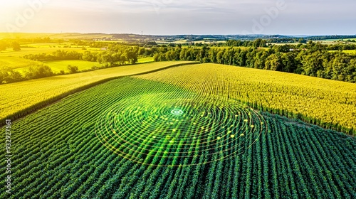 An illustration of precision farming technology using satellite data. The image shows a field with satellite imagery overlaying the crops, highlighting areas that need attention. The field is divided
