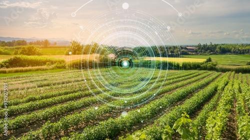 An illustration of precision farming technology using satellite data. The image shows a field with satellite imagery overlaying the crops, highlighting areas that need attention. The field is divided