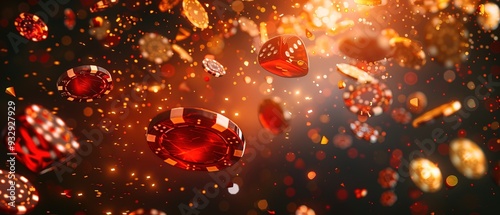 Casino background with flying chips, golden coins and dice