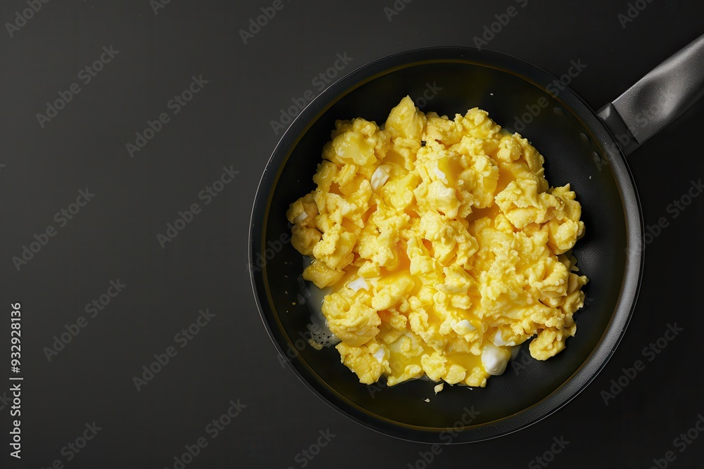 Top view of homemade scrambled eggs on frying pan for healthy breakfast or brunch Top view of homemade scrambled eggs on frying pan for healthy breakfast or brunch