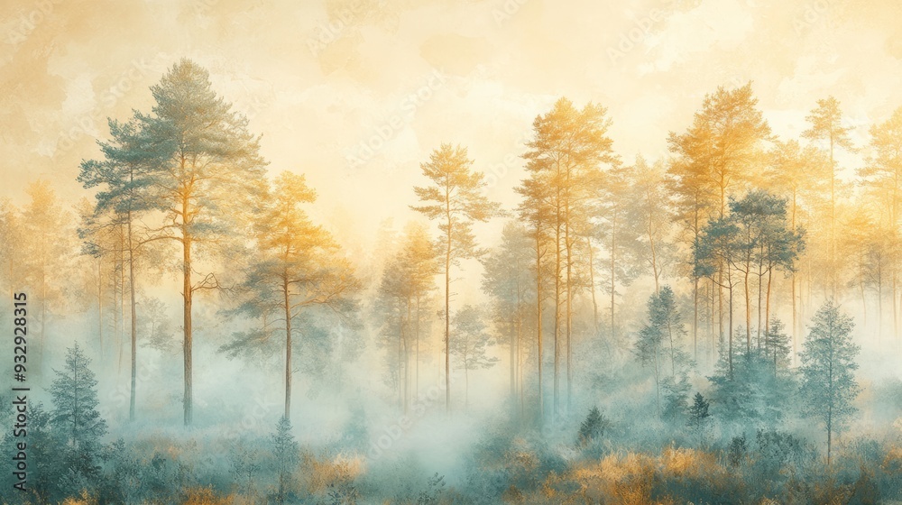 A serene forest landscape bathed in soft light and mist, featuring tall trees with yellow and green foliage, creating a tranquil and picturesque atmosphere A serene forest landscape bathed in soft light and mist, featuring tall trees with yellow and green foliage, creating a tranquil and picturesque atmosphere