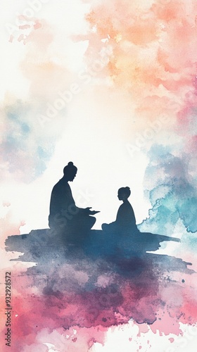 Abstract Watercolor Illustration: Spiritual Master Blessing Disciple in Serene Cultural Setting. AI-Generated Artistic Design Depicting Guru-Disciple Relationship, Indian Traditions, and Spiritual Wis photo