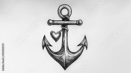 A detailed black-and-white illustration of an anchor with a heart charm, symbolizing love and stability in nautical themes