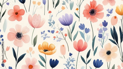 A vibrant floral pattern featuring a variety of colorful flowers in shades of pink, purple, yellow, and blue on a soft cream background