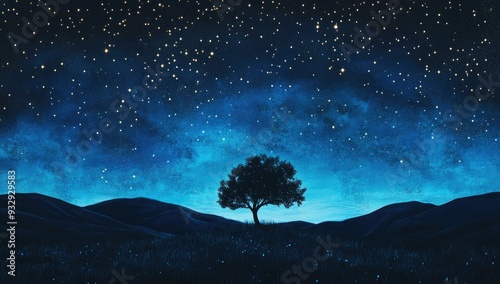 Starry night sky over a lone tree.