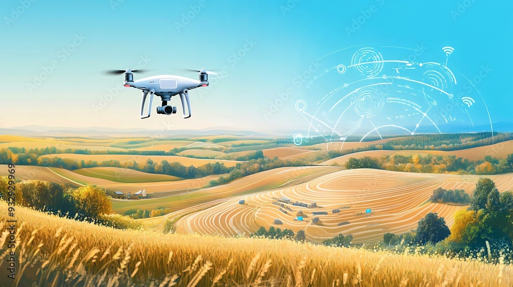 An illustration of a drone equipped with IoT technology flying over a large agricultural field. The drone is connected to sensors on the ground, collecting data on crop health, soil conditions, and