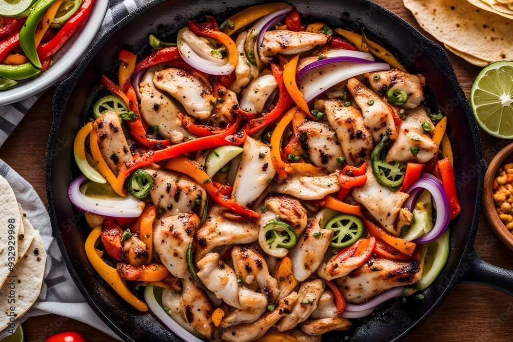 Chicken fajitas sizzling on a hot skillet with strips of marinated chicken bell peppers onions, Ai Generated Chicken fajitas sizzling on a hot skillet with strips of marinated chicken bell peppers onions, Ai Generated