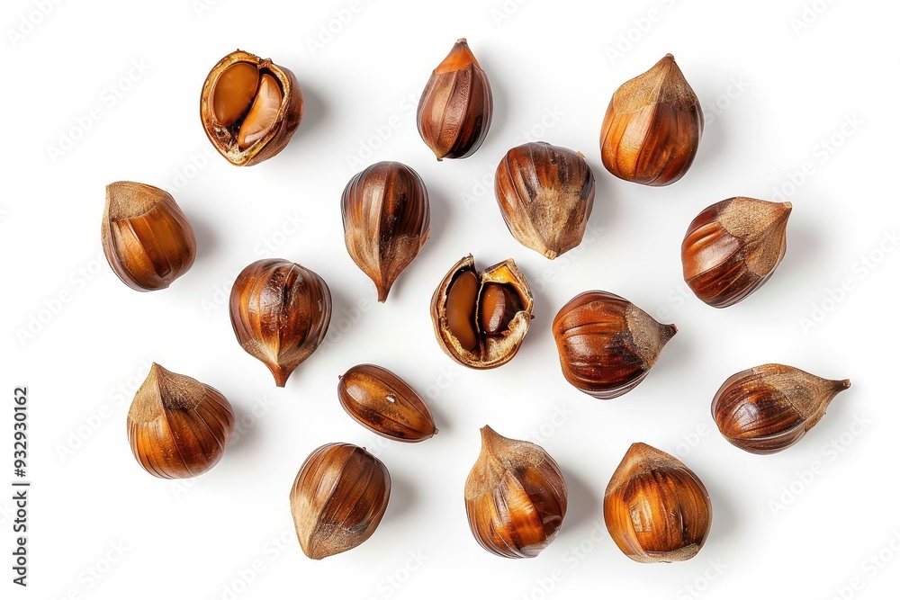 Top view of roasted peeled chestnut on white background with full depth of field Top view of roasted peeled chestnut on white background with full depth of field