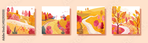 Set with places for travel Hand drawn. Autumn forest. Migratory birds. Fields on the hills. Print on Print, postcard or diary. Vector