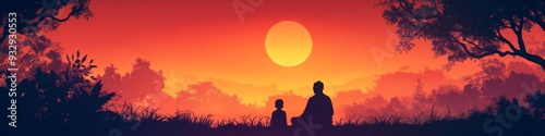 Abstract Guru Purnima Illustration: Silhouettes of Guru and Disciple in Minimalist Design. AI-Generated Artistic Concept for Indian Spiritual Tradition. Elegant Gradient Texture with Copy Space for UI