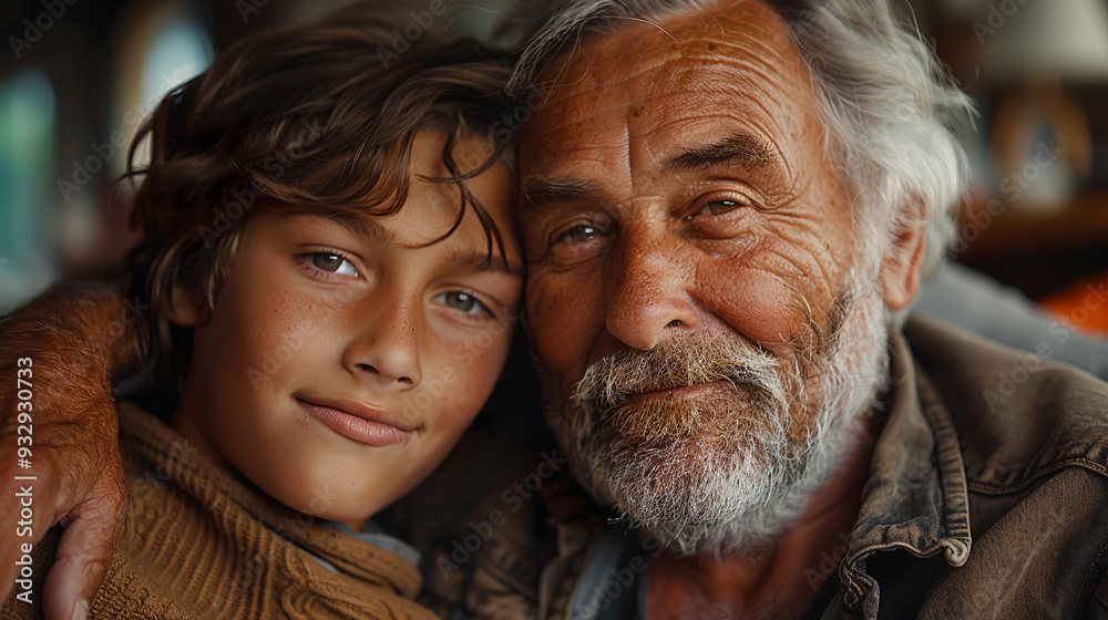 Young boy is giving his grandfather a hug and showing him love and affection Young boy is giving his grandfather a hug and showing him love and affection