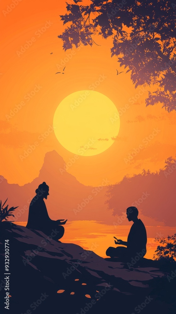 Fototapeta premium Abstract Guru Purnima Illustration: Silhouettes of Guru and Disciple in Minimalist Design. AI-Generated Artistic Concept for Indian Spiritual Tradition. Elegant Gradient Texture with Copy Space for UI