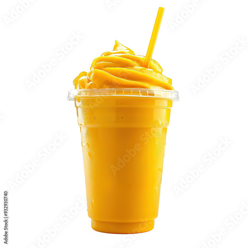 Fresh mango smoothie in a large transparent glass, refreshing mango milkshake. Isolated on white background.