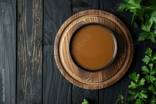 Top view of serving board with chestnut soup on black wooden surface