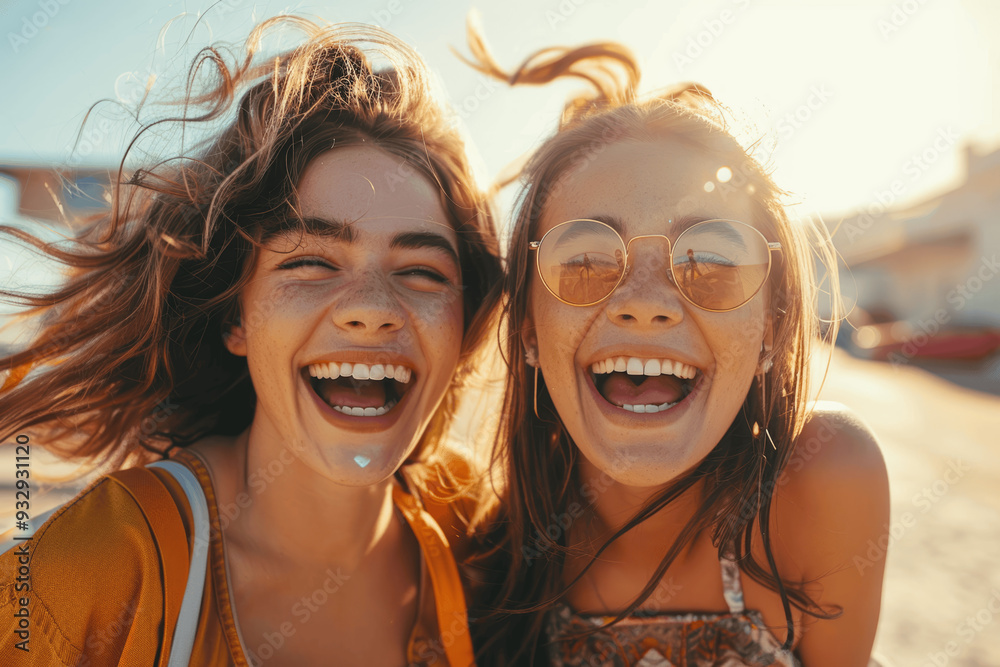 Two Young Women Laughing Joyfully in Bright Sunlight Two Young Women Laughing Joyfully in Bright Sunlight