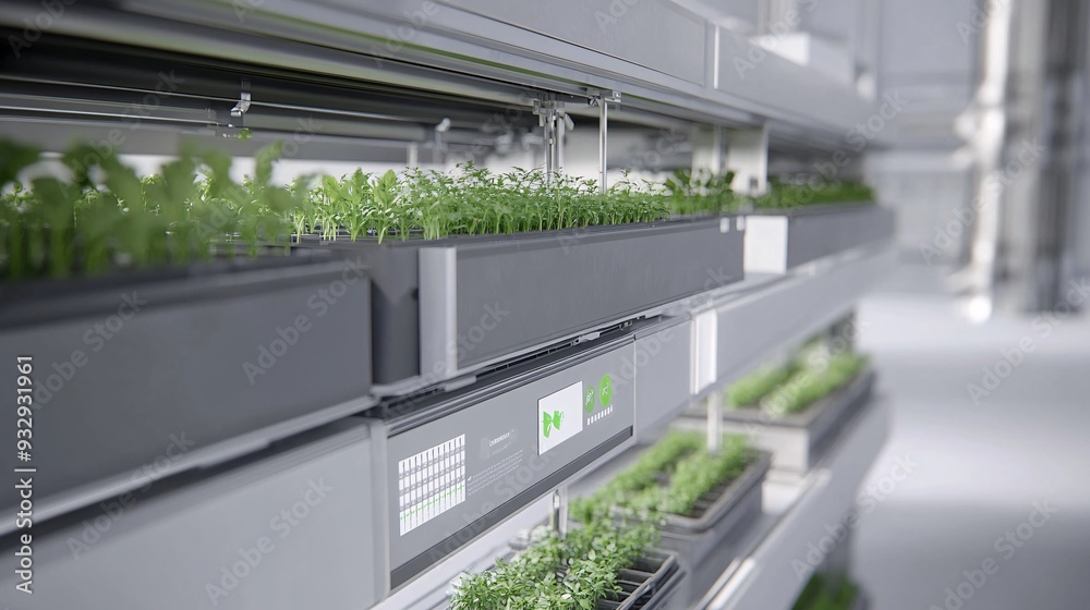 An illustration of a vertical farm with a focus on automation. The setup includes multiple levels of planting trays with an automated irrigation and nutrient delivery system. The background shows a An illustration of a vertical farm with a focus on automation. The setup includes multiple levels of planting trays with an automated irrigation and nutrient delivery system. The background shows a