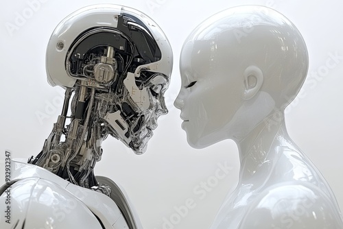 A humanoid robot and a human face each other in a white sterile environment symbolizing the contrast and potential harmony between AI and humanity in the future