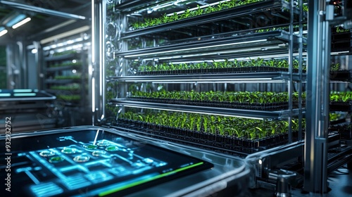 An illustration of a vertical farm with a focus on high-tech features. The setup includes multiple layers of plant racks with advanced climate control and lighting systems. The background shows a